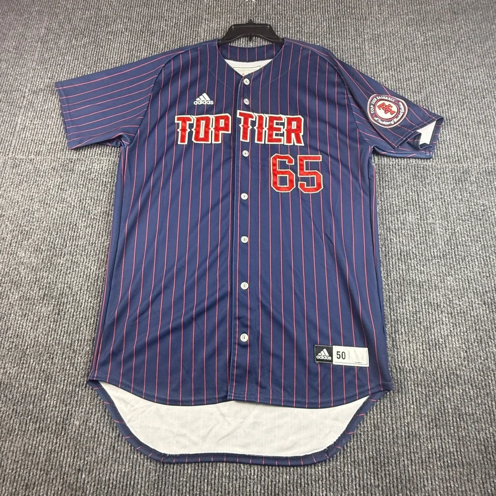 Adidas Top Tier Baseball Jersey Mens 50 Navy Blue Pinstripe Number 65 Chicago